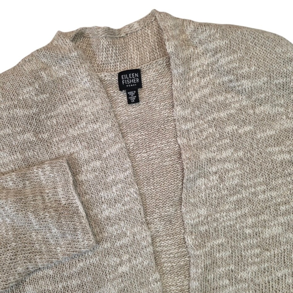 Eileen Fisher Woman 1X Cardigan Beige Linen Cotton Silk Open Front Marled Knit